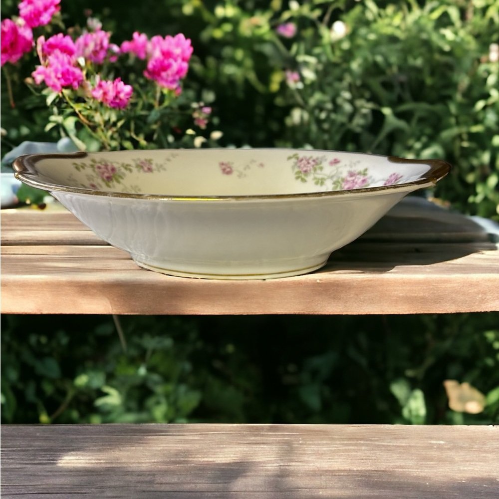 Limoges France Oval Serving Dish, Union Cermaique, Pink Roses & Gold Handles